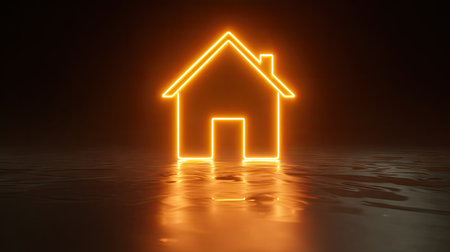 An illuminated house symbol glows against a dark backdrop, suggesting a concept related to real estate. The visual is characterized by an orange neon outline, a glossy floor, and a gradient background. This image could be used for various commercial or editorial applications such as property listings, or finance.の素材
