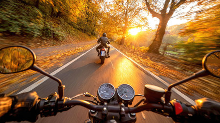 An overhead view captures a motorcycle ride along a paved road. The scene is dominated by autumn colors and bright sunlight. The image features a shallow depth of field, emphasizing the open road and the biker ahead. Suitable for various editorial and commercial projects.の素材