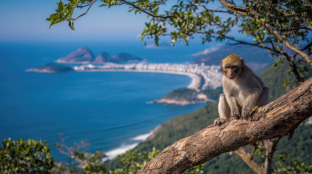 A monkey sits on a tree branch, observing a coastal view with a vibrant blue ocean and a sandy shoreline. The image showcases natural sunlight and a blurred background. This visual could be used for travel, nature, or environmental content, suitable for various editorial and commercial applications.の素材