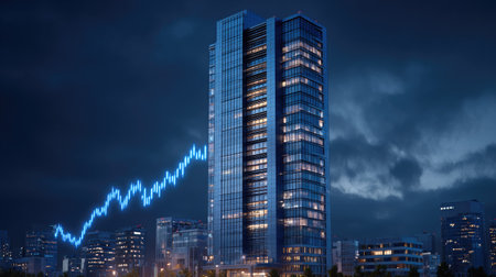A tall glass skyscraper dominates the frame, illuminated against a deep blue night sky. A digital data graph overlays the building, suggesting business or financial themes. The composition features a low-angle perspective, possibly implying ambition, with the building's facade reflecting city lights. Suitable for commercial and editorial applications related to finance or urban development.の素材