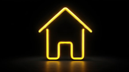 A glowing neon house symbol is depicted against a dark background. The illuminated lines define the shape of a house, showcasing a modern and minimalist design. The lighting emphasizes the form, making it suitable for representing concepts related to real estate, property, and the idea of home, for both commercial and editorial uses.の素材