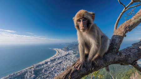 A monkey sits on a tree branch, observed against a backdrop of a vast ocean and distant mountains. The scene showcases natural sunlight and a clear blue sky. This image is suitable for various commercial purposes, including use in marketing materials, educational content, and travel publications.の素材