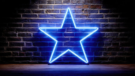 A bright blue neon star glows against a textured brick wall in this image. The illumination highlights the star's shape and casts shadows on the rough surface. The composition suggests an indoor setting, with a focus on abstract forms. This could be useful for various commercial and illustrative projects.の素材