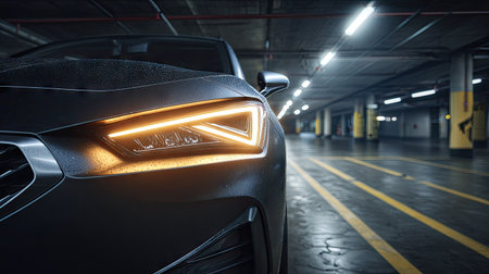 A close-up view presents a modern vehicle's headlight, radiating a warm glow. The image showcases a dark metallic finish set against the muted tones of an underground parking structure. The scene is illuminated by overhead lights and marked with yellow lines, suitable for automotive and transportation-related applications.の素材