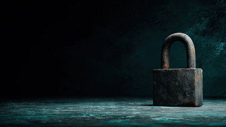 An aged padlock is the central element of this image, placed against a dark background. The composition shows the lock in a close-up shot, emphasizing its texture and worn appearance. Moody lighting and color grading enhance the sense of privacy and security. The image can be used for various purposes related to data protection.の素材