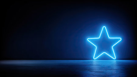 A vibrant blue neon star illuminates a dark backdrop. The composition features a glowing star shape, casting light on a reflective surface. The image exhibits a modern aesthetic with a focus on simplicity and contrast. Suitable for various design projects and commercial applications, including advertising and visual content.の素材