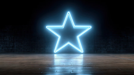 A bright blue neon star illuminates a wooden surface against a dark brick wall. The image showcases a modern, minimalist design with contrasting textures and lighting. The scene suggests a potential for use in advertising, web design, or editorial projects, offering a clean, eye-catching visual element.の素材