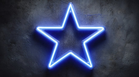 A bright neon blue star is depicted against a textured dark background. The illuminated shape provides a striking contrast with the rough surface. This visual effect, achieved through the use of light, may suit various design projects or graphic concepts, and is appropriate for promotional material.の素材