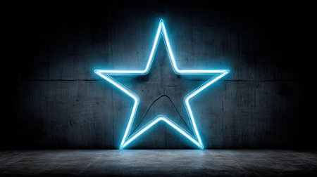 A bright blue neon star illuminates a textured dark background. The glowing symbol is centered in the frame against the rough concrete texture. This imagery, with its strong contrast and glowing effect, would be suitable for various design projects, including digital art or commercial applications.の素材