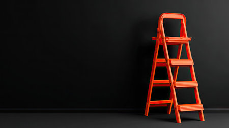 An orange folding ladder stands against a stark black wall, creating a contrast. The image highlights the ladder's geometric shape and vibrant color. The composition uses shadow and light, and the simple scene suggests various uses, suitable for projects in advertising, design, and conceptual illustration.の素材