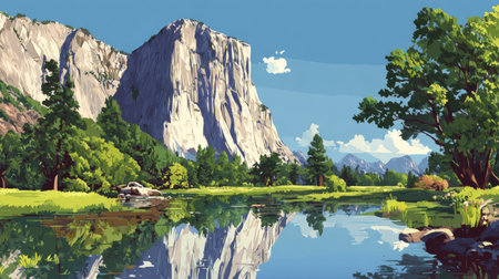An illustration depicts a scenic landscape featuring mountains, a serene lake, and lush greenery. The image showcases vibrant colors, with the mountain's texture contrasting with the smooth lake surface reflecting the sky and surrounding trees. This artwork's composition and color palette make it ideal for various commercial and editorial projects.の素材