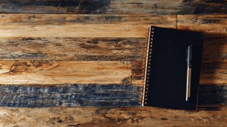A black notebook and pen rest on a rustic wooden surface in an overhead shot. The composition highlights the textures of the wood and the sleek design of the notebook. The scene suggests a workspace or a place for creative tasks. Suitable for a range of commercial and editorial purposes.の素材