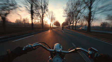 A motorcycle travels down an asphalt road towards the sunrise. The scene captures the handlebars and a blurred view ahead, emphasizing speed. Bare trees line the road. The image uses warm tones and a shallow depth of field, with soft lighting. Suitable for travel or transportation themes, and editorial content.の素材