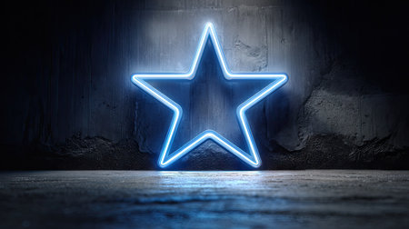 A glowing blue neon star against a dark, textured concrete wall. The image features a bright, clean star shape in a low-key environment. The lighting creates a dramatic contrast with ample copy space. Suitable for various design and advertising needs.の素材