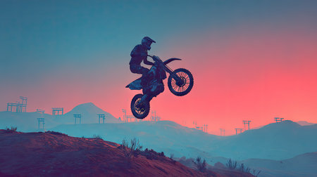 A motocross rider is captured mid-air, executing a stunt with the motorcycle elevated. The composition showcases a colorful gradient of blue, orange, and red tones, suggesting a sunset or sunrise. The image has a stylized look and may be suitable for advertising, editorial, or design projects focusing on sports or adventure.の素材