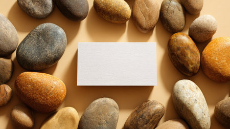 A collection of smooth, naturally colored stones surrounds a white rectangular card, possibly for a message or graphic. The composition uses overhead lighting, creating soft shadows and highlights on the stones' textured surfaces. This arrangement, set against a warm background, lends itself to various editorial and commercial applications.の素材
