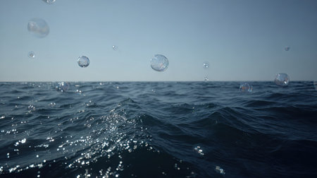 An aerial perspective captures the ocean's surface under a clear sky. Water bubbles float above rippling waves. The composition utilizes natural lighting, emphasizing the blue hues of the water. This image could be suitable for various commercial uses, including website backgrounds or stock photography.の素材