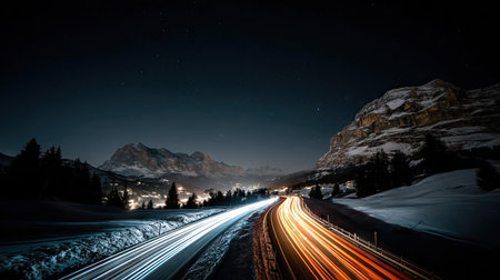 Captured at night, this image showcases highway trails winding through a mountain range. The trails of light from vehicles create streaks of orange and white. The composition features a dark sky, and the snowy mountain is present. Suitable for various commercial and editorial applications.の素材