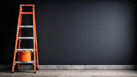 An orange ladder and bucket stand against a dark wall. The composition uses a minimalist aesthetic. The image features high contrast with dramatic lighting. Suitable for illustrations related to home improvement, construction, or abstract concepts. It could be used for various commercial projects, including advertising or editorial content.の素材