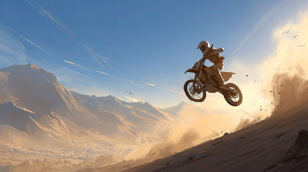 A motocross rider soars through the air on their dirt bike, kicking up a cloud of dust. The scene features a dynamic composition, set against a backdrop of mountains and a vast blue sky. The lighting suggests daytime and offers possibilities for commercial and editorial uses.の素材