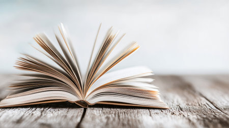An open book rests on a rustic wooden surface, its pages spread wide. The composition showcases a soft, diffused lighting with a blurred background suggesting an indoor setting. This image could be used for various projects related to literature, education, or conceptual illustrations.の素材