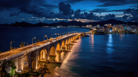 A long arched bridge spans the water at night, illuminated by golden lights. Dark blue water reflects the lights of the bridge and the distant city. The scene is dominated by a dramatic, cloud-filled sky, suggesting a coastal or urban environment. Suitable for a variety of commercial and editorial applications.の素材