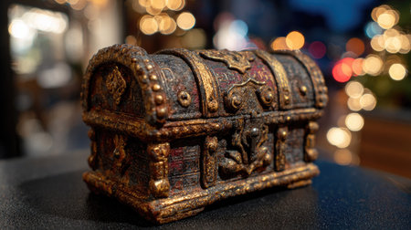 An antique treasure chest, prominently displayed, is the central subject of the image. Its dark, textured surface and intricate ornamentation suggest an aged object. The warm color palette and soft lighting enhance the antique aesthetic. The blurred background adds depth. Suitable for visual storytelling and various commercial uses.の素材