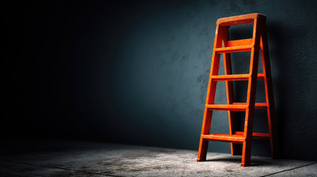 An orange wooden ladder leans against a dark blue-gray wall in a dimly lit setting. The composition emphasizes the ladder, its sharp lines contrasting with the moody background. Dramatic lighting creates strong shadows. Suitable for illustrating concepts related to construction, progress, or access for various commercial applications.の素材