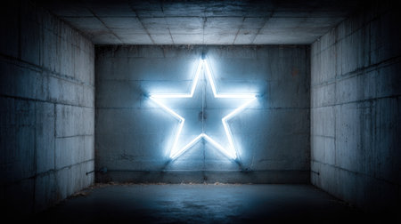 A luminous neon star glows within a stark concrete enclosure. The image showcases a geometric composition with clean lines, contrasting light and shadow. The vibrant, cool-toned illumination of the star against the rough texture of the walls creates a dramatic effect. Suitable for visual concepts and various design applications.の素材