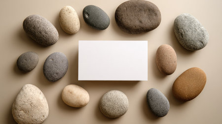 An overhead shot presents assorted smooth stones encircling a white rectangle against a muted background. The stones display varied colors and textures, suggesting natural origins. This composition, with its neutral palette and copy space, offers potential for diverse commercial and design applications.の素材