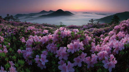 This landscape image captures blooming flowers in the foreground with mountainous terrain and a foggy valley, under a sky with gradient colors. The composition uses natural lighting. Suitable for environmental themes, outdoor activities, or editorial use.の素材