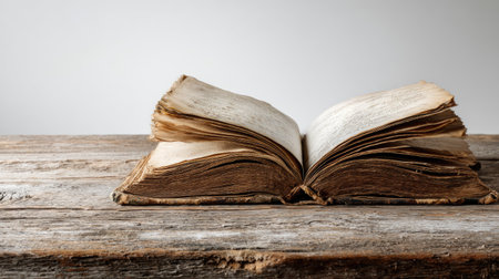 An open antique book rests on a rustic wooden surface. The pages display an aged, textured appearance with warm, sepia tones. Soft light gently illuminates the scene. This image could be used for educational materials or represent history and learning.の素材