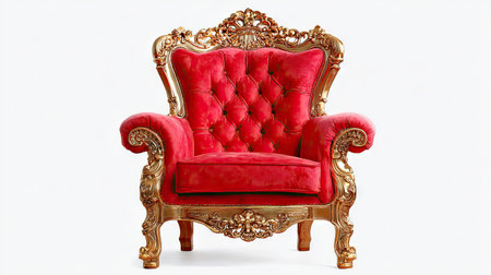 An opulent red velvet armchair is presented against a plain white background. The chair features elaborate gold detailing, showcasing a classical design. The image emphasizes the textures and colors of the luxurious furniture piece, offering potential use in design, editorial, and commercial applications. The composition is clean, emphasizing the chair's ornate details.の素材