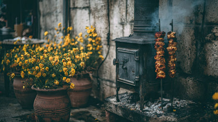 An outdoor cooking scene showcases a grill with skewers and a vintage stove. The composition includes potted yellow flowers against a textured stone wall. The lighting suggests an outdoor environment. Suitable for editorial and commercial projects, illustrating food, lifestyle, or culinary themes.の素材