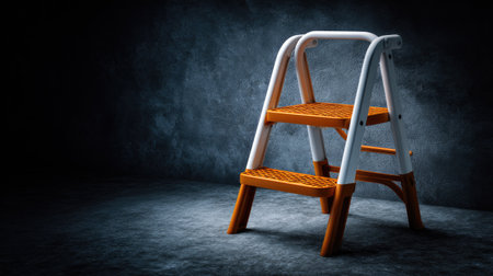 An orange and white step ladder is centered against a dark, textured backdrop. The image utilizes dramatic lighting, accentuating the shapes and colors of the ladder. This composition is suitable for various applications, including advertising and editorial use. It can be used for projects that need an object isolated.の素材