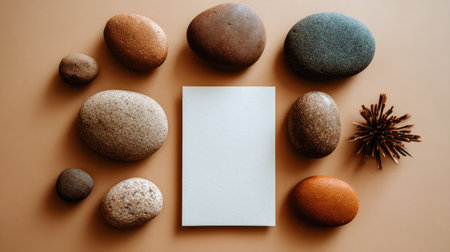 An overhead shot presents several smooth stones of varying sizes and colors, artfully arranged around a central blank paper. Earth tones dominate the scene, with the stones displaying textures and gradients. The composition suggests a studio setting, suitable for illustrating concepts, design, and other commercial applications.の素材