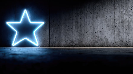 A bright neon star shape illuminates a rough concrete wall, creating a stark contrast. The blue light reflects off a dark, polished floor, adding depth and shadow. The composition is modern and minimalist, suggesting a studio or abstract environment, suitable for various promotional and artistic projects.の素材