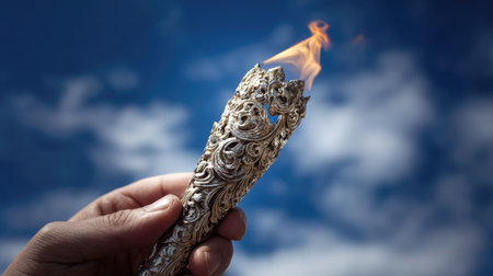 A hand holds a decorative torch with an orange flame against a bright blue sky. The torch features intricate silver detailing. The image is taken outdoors during daylight. Suitable for commercial applications needing symbolism or illustrative imagery.の素材