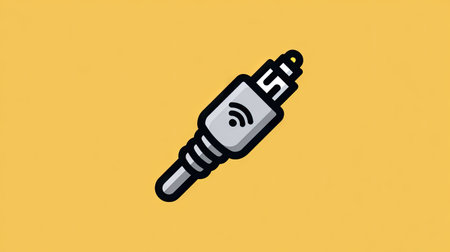An illustration depicts an optical audio cable against a vibrant yellow backdrop. The cable is rendered in a modern, graphic style, featuring shades of gray and black. This design could be suitable for informational materials, articles or digital content. The simple composition and color palette enhance its visual appeal.の素材