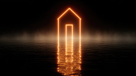 An illuminated house shape is reflected in water against a dark background. The glowing neon outline provides contrast with the surface. The composition suggests a nighttime environment. This image could be used in design projects, advertising campaigns, or for conceptual purposes.の素材