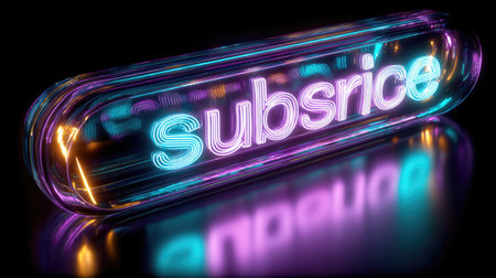 An illuminated neon sign displays the word "Subsrice". The design features vibrant blues, purples, and oranges. The reflection of the light on the surface creates a glossy effect, giving the image a modern and technological appearance. This image is suitable for advertising, website design, and other digital creative projects.の素材