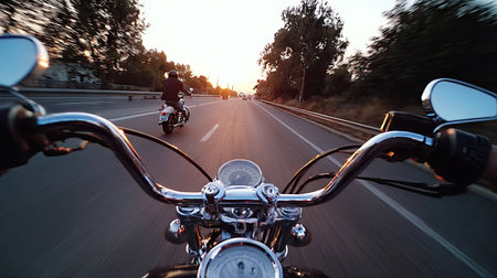 A motorcyclist rides along a paved road, the chrome handlebars in sharp focus. The image captures a first-person perspective, with a second motorcycle in the distance. The scene is bathed in warm light from the setting sun, creating a dynamic composition. Potential uses include editorial features and illustrative content.の素材