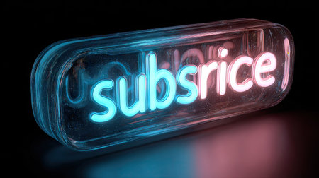 A neon word shines within a transparent glass block, resting against a dark backdrop. The word, a visual element, is illuminated in a gradient of blue and pink. This artistic composition showcases a glowing effect and might be suitable for promotional materials, advertising, or design projects. The image's lighting enhances the visual impact.の素材