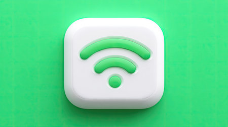 A close-up view presents a white Wi-Fi symbol with green signal waves, set against a vibrant green backdrop. The graphic has a smooth, 3D appearance with subtle lighting. This image could be used for illustrating internet access, networking, or digital communication. Its simple design provides versatility for various commercial applications.の素材