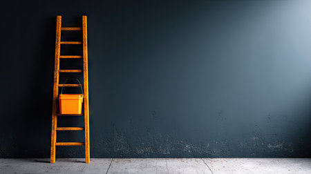 An aged wooden ladder supports a bright orange bucket against a dark, textured wall. The composition uses a strong diagonal line and overhead lighting. The scene suggests an interior space with a contrast of colors. This image can be used for various commercial or editorial concepts.の素材