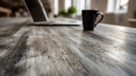 A close-up view depicts a wooden desk surface with a laptop and a coffee cup. The composition features textured wood grain and natural lighting creating shadows. The scene suggests an indoor workspace environment. This image is suitable for various commercial uses, including website design or editorial content.の素材