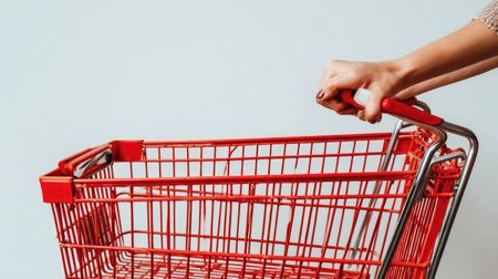A close-up captures a hand gripping the handle of a vibrant red shopping cart. The cart's metallic frame contrasts against its bold color. The composition focuses on a simple, uncluttered white backdrop. This image could be utilized for various commercial and editorial purposes.の素材