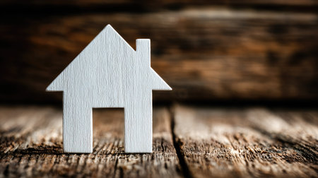 A white wooden house silhouette sits on a textured wooden surface. The composition features a shallow depth of field, highlighting the house against a blurred background. Warm tones and natural light create a sense of simplicity and home. Suitable for themes such as real estate, housing, or conceptual imagery.の素材