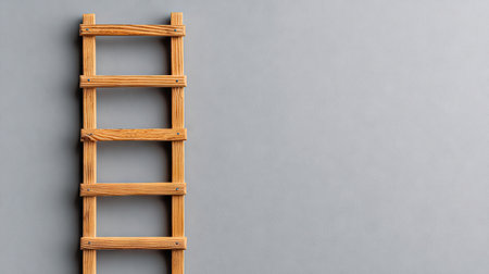 A wooden ladder is positioned against a plain gray wall, emphasizing its structure and design. The image showcases the ladder's construction with visible wood grain and joints. The composition, lit by soft light, creates a balance of the objects and negative space. It could be used for concepts of growth or design.の素材
