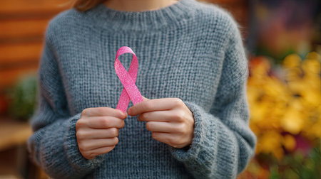 A person is shown holding a pink ribbon, a symbol for health awareness. The image features a close-up view of the subject's hands and the ribbon, set against a blurred background. It features natural lighting and a soft focus. The scene suggests support and advocacy, suitable for various editorial and promotional purposes.の素材